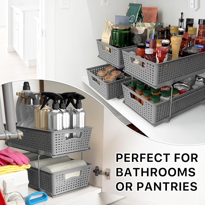 Simple Houseware 2 Tier Pull-Out Sliding Drawer Under Sink Storage, Gray | Great for Kitchen Bathroom Tray Shelf Organizer