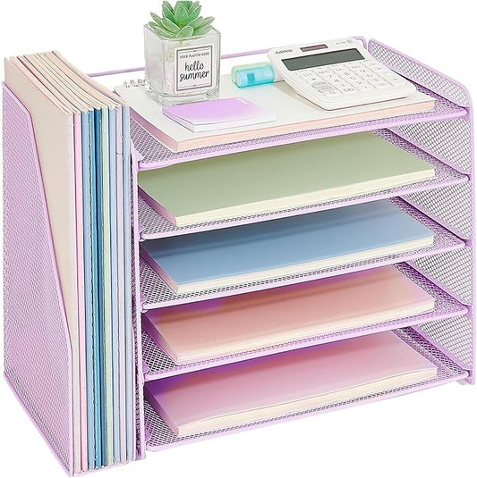 OPNICE Desk Organizer, 5-Tier Paper Organizer Letter Tray with Magazine Holder, Office Desk Accessories & Workspace Organizers, Desktop File Organizer for Office Supplies Storage, Purple