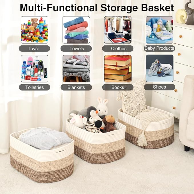 ICERZCZ Large Storage Baskets for Organizing Shelves, Woven Cotton Rope Bins for Baby Nursery Organization, Book Toy Towel Organizer, 17"x13"x9.5", 3 Packs, Gradient Brown