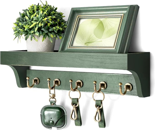 Rebee Vision Pine Wood Key Holder Wall Mount with Shelf for Entryway, Green | 5 Key Hooks, Pine Wood Key Holder for Wall, Mail Organizer, Perfume & Plant Display, Room Decor, Practical Home Storage