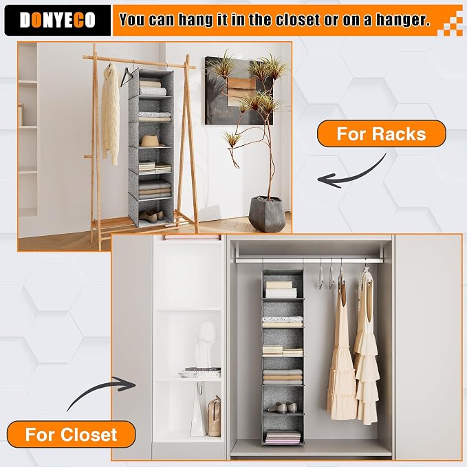 Hanging Closet Organizer 6-Shelf, Oxford Linen Wardrobe Storage, Gray | Easy-mount foldable design holds clothes, handbags, shoes & accessories; washable Oxford fabric, sturdy and space-saving.
