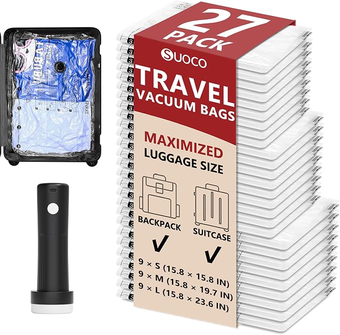 Travel Vacuum Bags for Clothing with Rechargeable Pump 27 Combo, Clear | Compression Packing Cubes Organizer Storage for Luggage Suitcase, Space Saver Seal Bags for Vacation Cruise