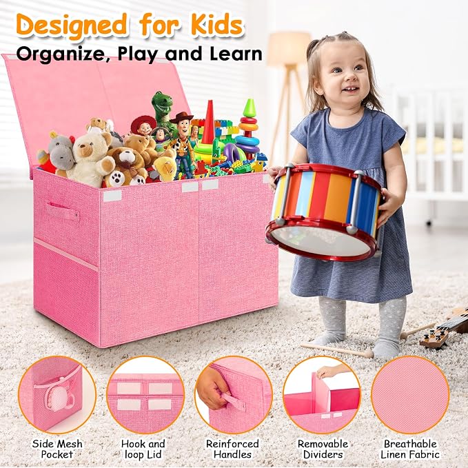 Large Toy Storage Box with Lid Upgraded Toy Chest Organizer with Removable PP Divider Foldable Toy Bin for Kids Boys Girls Linen Fabric Toy Box for Playroom Nursery Bedroom (25"x13"x16")