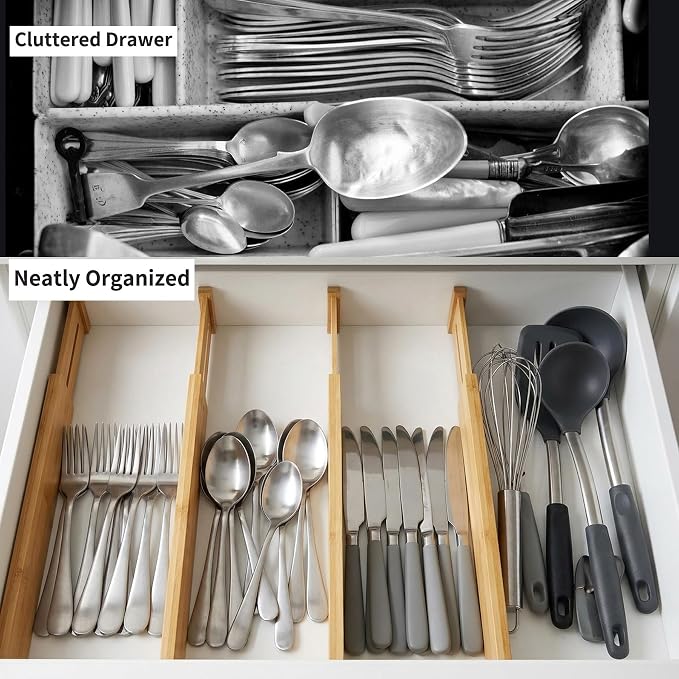 Utoplike 4 Pcs Bamboo Kitchen Drawer Dividers, Large Drawers Organizers | Adjustable Spring Loaded Expandable Organization, Works in Dresser, Bathroom, Bedroom, Office, Fit 17.8"-20.6" Drawer, 2.4"H