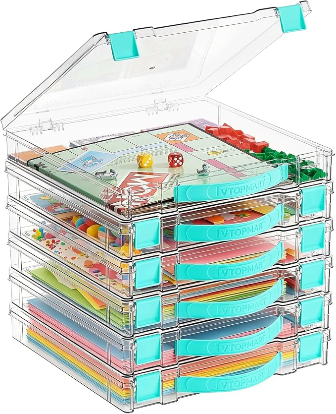 Vtopmart 6 Pack Board Game Storage with Handle and Snap-Tight Latch Lid | Clear Craft Organizer Fit 12" x 12" Papers, Stackable Storage Box for Scrapbook Storage, Art Supply Storage, Puzzle Storage