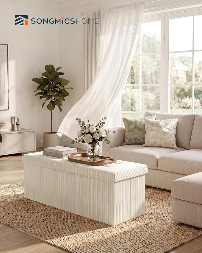 SONGMICS Home Ottoman with Storage, Removable Lid, Folding Storage Chest, Easy Assembly, for Entryway, Bedroom, Living Room, 15.2 x 43.2 x 15.2 Inches, Corduroy, Light White