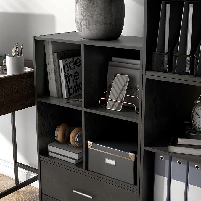 Homes: Inside + Out Apexa 4-Cube Storage Organizer Shelves, Stackable Wood Bookcase Fits Cubby Bins for Organization, Dorm Teen Room Decor & Home Office, Black
