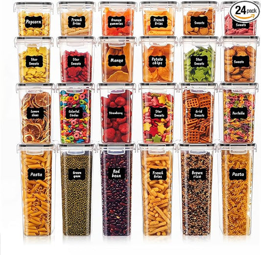 24 PCS Airtight Food Storage Containers with Lids, BPA Free Clear Plastic Kitchen and Pantry Organization and Storage Set for Flour, Sugar, Cereal, Pasta, Includes 24 Labels and Marker