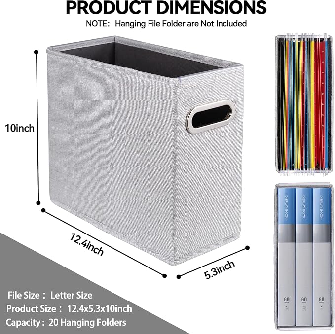 4 Pack Letter Size File Storage Box Collapsible, Fabric Hanging File Folders Organizer, Portable Office Document Holder with Metal Handle, Smooth PVC Rails, Light Gray