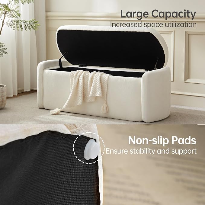 VKNOW Storage Bench, Upholstered Storage Ottoman Bench with Hinge, Cream | Ottoman Bench with Large Capacity, Curved Frame, Soft Fabric, Storage Bench for Bedroom, Living Room, Entryway, Window