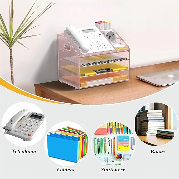 4 Tier Mesh Desk Organizer with Pen Holder and Handle Letter Tray | Metal desktop document shelf and paper sorter. Premium mesh workspace storage for office, home, and classroom