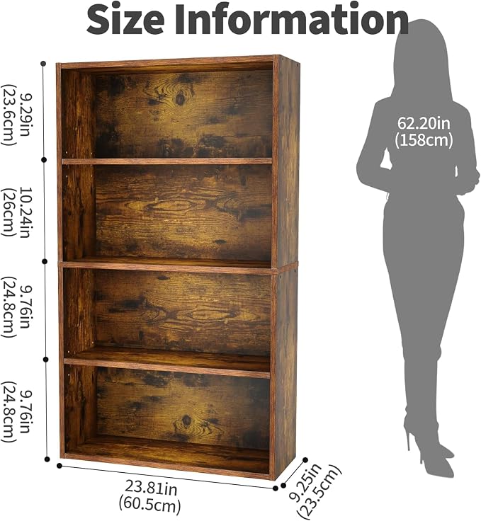 HealSmart 4 Tier Bookcase, Industrial 5 Book Shelf, 9.2" D x 23.8" W x 42" H Tall Open Cube Storage Organizer for Home Office, Living Room, Bedroom and Dinning Room, Brown