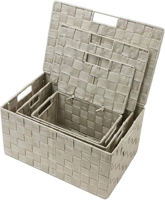 Sorbus Set of 3 Storage Baskets for Organizing with Lid – Mesh Hand-Woven Baskets for Closet, Shelf & Home Storage (Beige, Variety Pack)