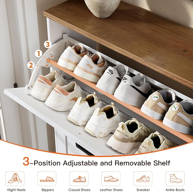 Nicetree Shoe Cabinet, 3 Flip Drawers & Adjustable Shelves, Ultra Slim Freestanding (9.1” Deep), Holds 30 Pairs, Narrow Shoe Storage Cabinet with Anti-Tip Safety, Modern Farmhouse White Walnut