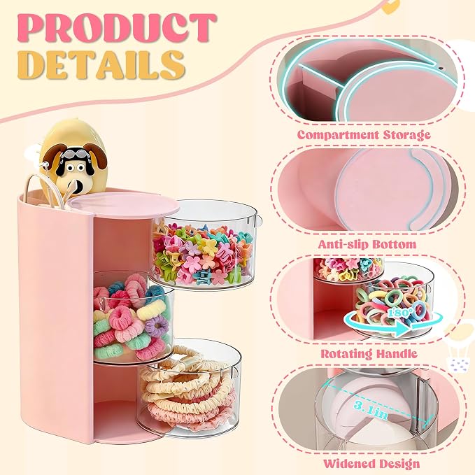 Azurphoric Hair Accessories Organizer with Hair Brush Holder(Pink, 3-Layer) | Rotatable Makeup Brush Holder for Necklaces, Earring, Bracelet, Ring, Makeup Brushes, Hair Clip and Hair Accessories