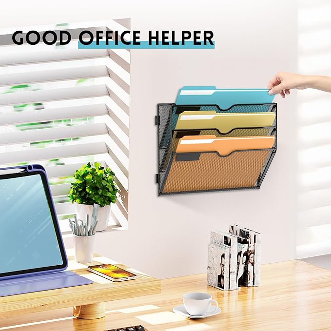 SUPEASY 3 Tier Wall File Organizer, Hanging Wall Mounted Mail Organizer with Label Slots, Metal Mesh File Holder Magazine Rack for Office, Home, School or Classroom, Black, 2Pack