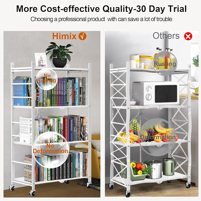 Himix Storage Shelves with 20 Hooks, 4-Tier Foldable Shelves for Storage, Folding Shelf Unit Pantry Shelves with Wheels, Metal Shelving Storage Rack Shelf for Kitchen Garage Home, White - No Assembly | Metal collapsible organization, Folding shelves ra...