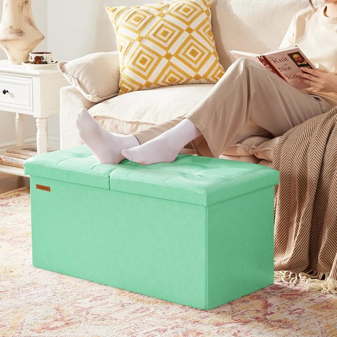 HAUSFRAU Ottoman with Storage Bench Folding Foot Rest Stool Teal | 30", Flip Lid, Faux Leather, Upholstered Foldable Footrest Footstool, Bedroom Bench, Living Room Dorm Ottoman, Rectangle