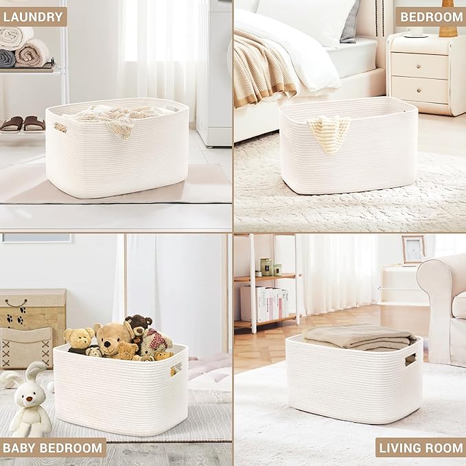 100L Extra Large Woven Laundry Basket Hamper with Handles, White | collapsible wicker hamper, storage for dirty clothes, toys, blankets, gifts, living room, bedroom, bathroom, 24"x16"x16"