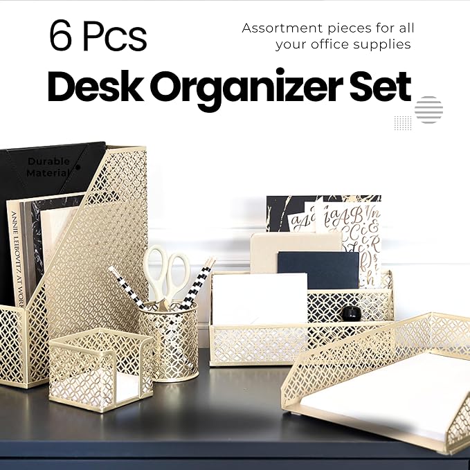 BLU MONACO | Gold Desk Organizer Set with Mail Sorter, Sticky Note Holder, Pen Cup, Magazine Holder, Letter Tray & Business Card Holder | Stylish Desk Accessories for Women & Home Office Décor