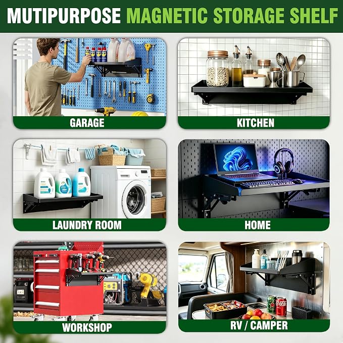 ULIBERMAGNET Magnetic Folding Shelf, 40LBS Heavy Duty Magnetic Mounted Rack for Garage, Workshop, RV,Power Tools,Toolbox,1Set Storage Shelves with Lip for Workshop Kitchen Office