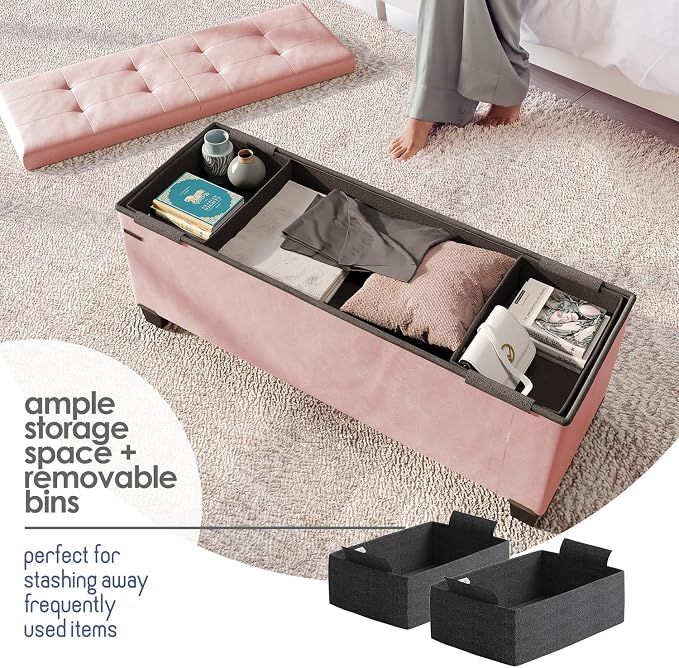 Storage Ottoman Bench with Bins, 43-in Storage Bench for Bedroom End of Bed, Folding Foot Rest Ottoman for Living Room Max 660lbs, Leather Ottomans, Pink