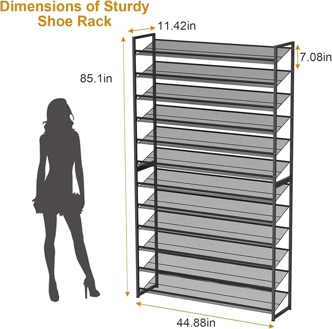 Large Shoe Rack 12 Tier Shoe Organizer, Heavy Duty Metal 6-Tier Stackable Shoe Storage Vertical Shoe Rack for Closet Front Door Entrance, Up to 75 Pairs, 44.8" W x 11.4" D x 85.1" H, Black