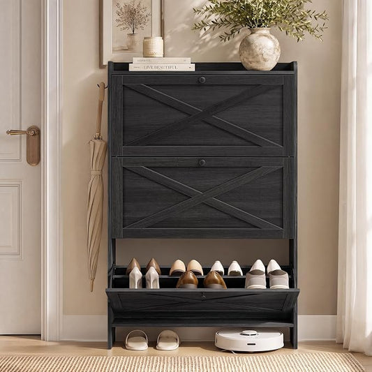VASAGLE Shoe Storage Cabinet Organizer with 3 Flip Drawers, Freestanding Narrow Shoe Rack Cabinet for Entryway, Farmhouse Style, Fits 14 to 16 Pairs, Smoky Black UHSC303BJ01