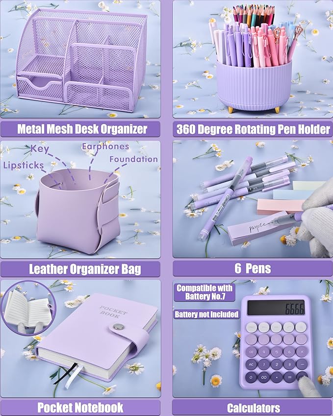 LXEVIHK 21Pcs Purple Desk Organizers and Accessories With Mesh Desk Organizer and 360°Rotating Pen Holder and a Lot of Office Purple Office Supplies Beautifully Presented in a Gift Box