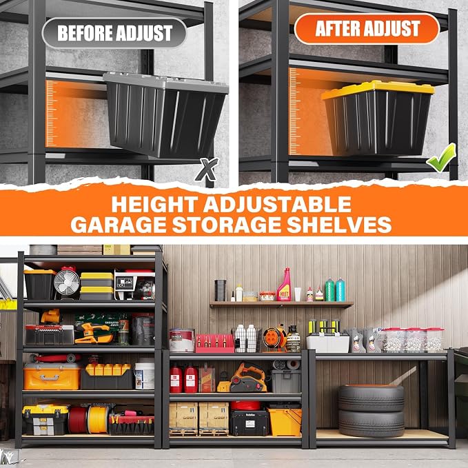 3Pack Garage Shelving, 2500lbs Storage Shelves ,Adjustable Heavy Duty Shelving Unit,5tire Tall Garage Shelves，Wood Standing Shelf Units,Utility Rack For Kitchen Garage W 71.2''H*31.5''W*13.8''D