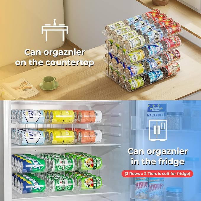 Can Organizer for Pantry Stackable 4 Tiers Can Storage Organizer Pantry Soda Can Organizer for Fridge 48 Cans Rack Automatic Rolling Canned Food Organizer for Refrigerator Kitchen Clear
