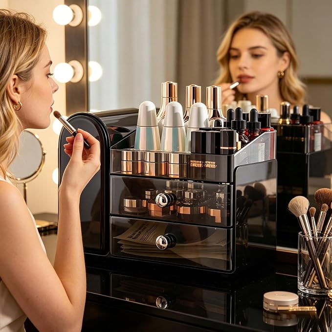 Makeup Organizer with Makeup Brush Holder, 2 Drawer, Black | Vanity Desk Organizer with Brush Holder, Compact Countertop, Cosmetic Storage for Lipsticks, Perfumes, Eyeshadow Palettes