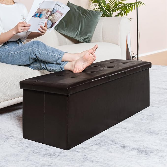 PINPLUS Folding Storage Ottoman Bench, Brown Faux Leather Long Storage Chest Footstool Seat, Bench for Bedroom and Hallway, 43.3"x15.7"x15.7"