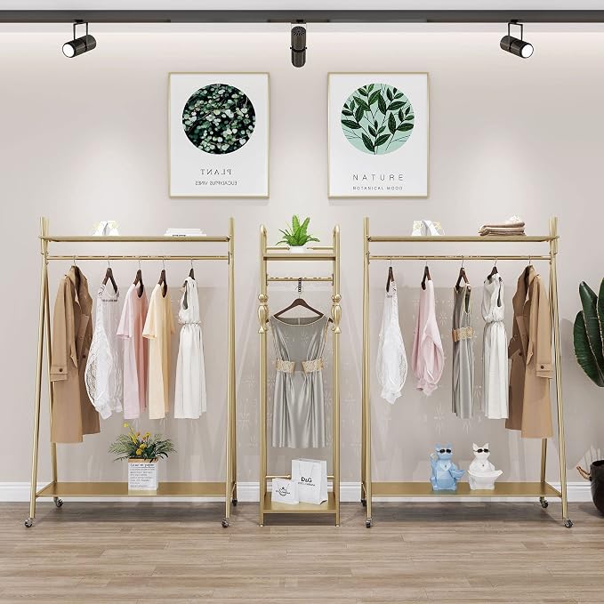 Clothes rack Gold, Freestanding Industrial Garment Rack with Double shelves Multi-functional Bedroom Hanging Clothing Rack,Heavy Duty Coat Rack Organizer for Bedroom Shoes 1 pack (39'' L)
