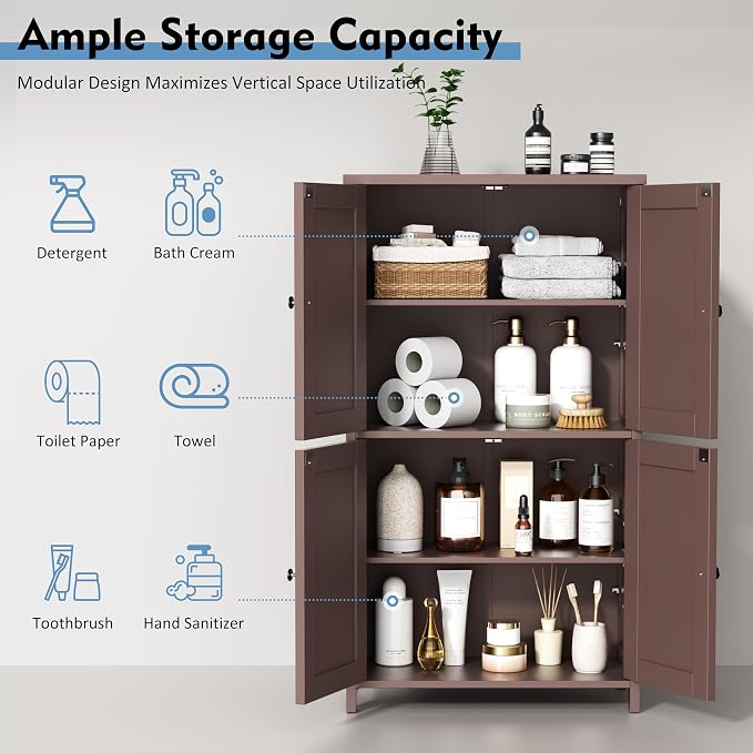Shintenchi Bathroom Storage Cabinet with Doors and Shelves, Floor Cabinets for Washroom Furniture, Laundry Room, Organization with Adjustable Shelf, Brown