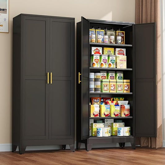 winiowa Metal Pantry Cabinet with 2 Doors and Adjustable Shelves - 71" Kitchen Storage Cabinet with Gold Handles - Versatile Storage for Kitchen, Bathroom, Dining Room, Utility Room - Black