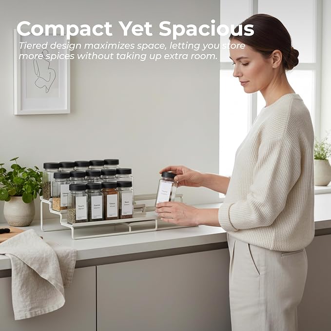 Tiered Spice Rack Organizer – Warm Gray Metal Countertop & Cabinet Spice Stand, Strong & Sturdy 3-Tier Shelf for Kitchen, Pantry, Seasoning Bottles – Minimal Scandinavian Design