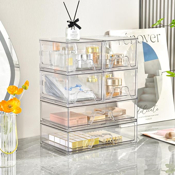 4 Pack Stackable Storage Drawers, Clear Acrylic Organizer, Makeup Organizer | with Pull-out Drawer,Pantry Organization for Beauty Supplies,Ideal for Vanity, Bathroom,Cabinet
