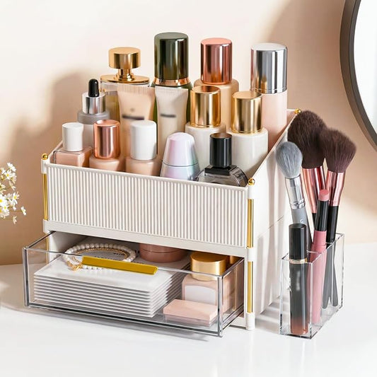 Large Capacity Makeup Organizer Countertop with Brush Holder, Vanity Skincare Perfume Storage Box for Bathroom, Mother's Day Birthday Anniversary Teen Girl Gifts for Women Mom