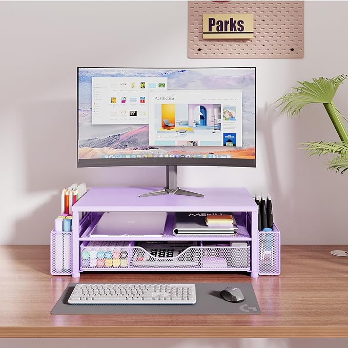 OPNICE Desk Organizer and Accessories, 2-Tier Computer Monitor Stand Riser with Drawer and 2 Pen Holders, Laptop Stand, Office Desk Accessories for Office Supplies, 1 Pack, Purple