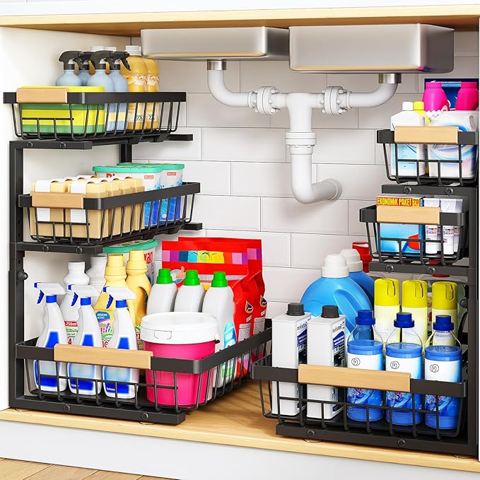 PXRACK Under Sink Organizer, 3-Tier 2-Pack Adjustable Height Pull Out Under Cabinet Organizer, Slide Out Thickened Metal Under Sink Storage for Kitchen Bathroom Laundry Pantry Organization, Black
