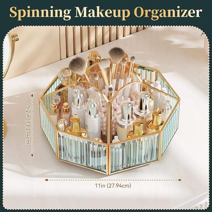 CoralHouse Rotating Glass Makeup Organizer for Vanity with Brush Holder | 5 clear compartments organize lipstick, perfume, palettes and skincare on a vanity, bathroom countertop or beauty station