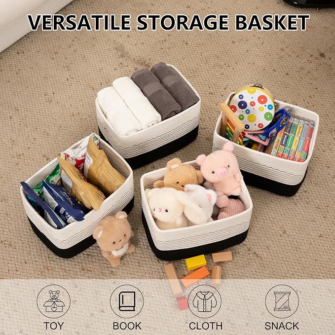 OIASKET 4 Pack Storage Baskets for Organizing, 13"X9"X7.87", Decorative Cotton Rope Baskets for Shelves, Small Woven Basket for Toys, Books and Towels, Black & White