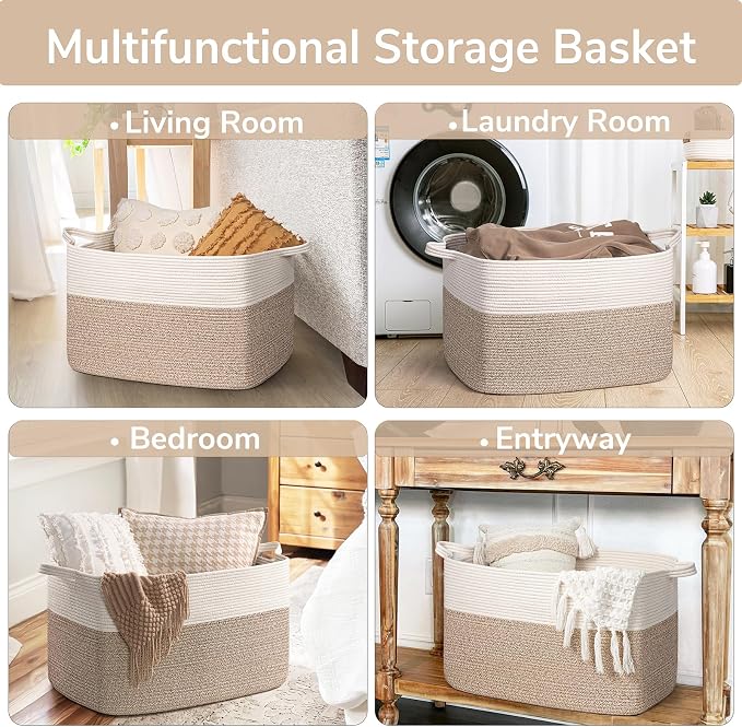 Goodpick Extra Large Cotton Rope Basket, Rectangle, White & Light Brown | 85L, 23.6 x 15.7 x 13.8 in, Handles, Blankets, Toys & Dirty Clothes Storage, Living Room, Nursery & Bedroom Organization