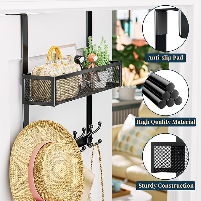 Consumest Over The Door Hooks Organizer - 2 Tier Over Door Hanger with 16 Hooks & 2 Baskets for Hanging Coat, Clothing, Towel, Back Storage for Bathroom, Closet, College Dorm, Black