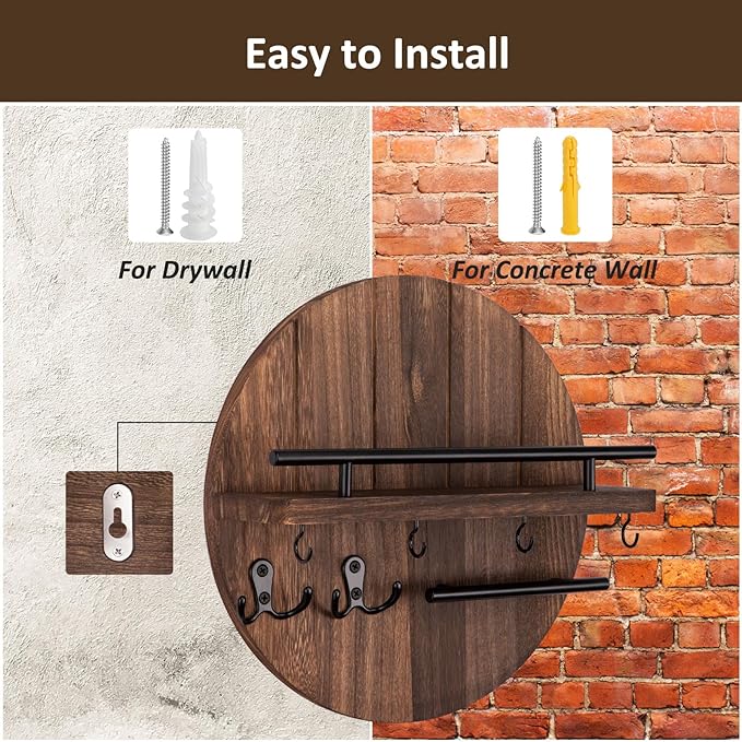Nekon Key Holder Wall Mount, 11.8 Inch Rack With Shelf and 6 Hooks, Rustic Mail Organizer, Circular Wooden Hanger for Entryway Hallway Kitchen (Brown)