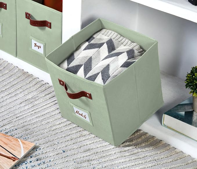 DECOMOMO Storage Bins, Cube Storage Bin with Labels | 10.5" x 11" Fabric Storage Cubes for Shelves (2pcs, Sage Green)