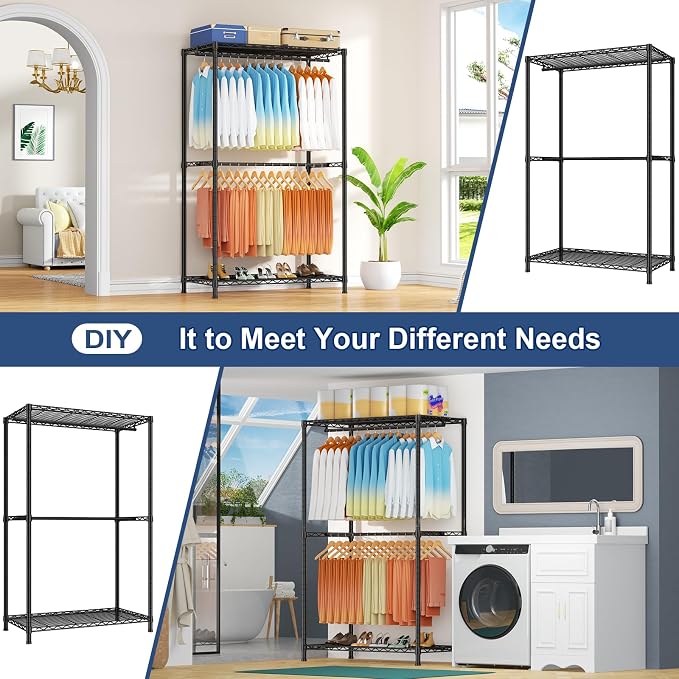 E12 Max Clothes Rack，Heavy Duty Freestanding Garment Rack with Shelves，Metal Clothing Closet Storage System for Hanging Clothes，83" W x 16" D x 76.5" H, Hold 1060 lbs，Black