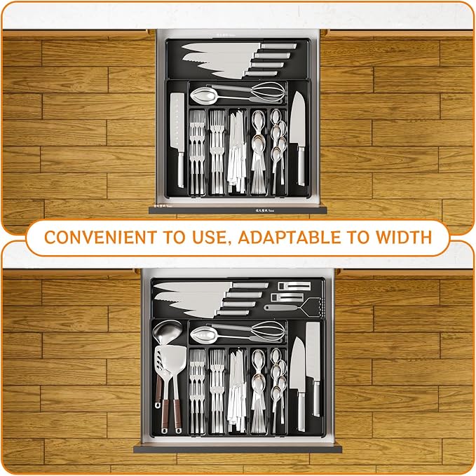 Black Expandable Silverware Drawer Organizer - Adjust From 11'' to 22'' - Knife,Cutlery,Spoons and Forks Organizer,Large 8 Grid Flatware,Silverware Tray,Utensil Organizer for Kitchen Drawers