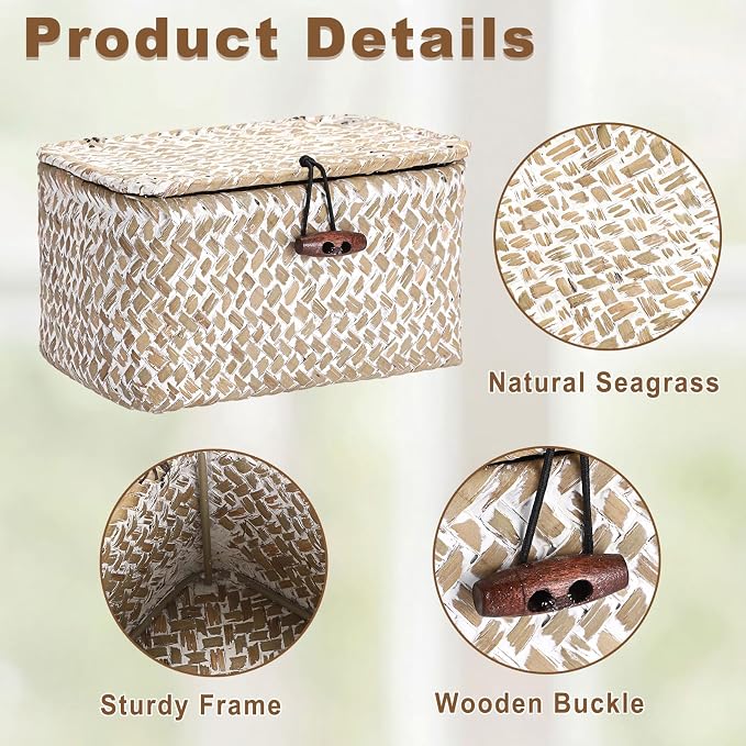 Hipiwe Wicker Shelf Basket Box Mini Seagrass Baskets with Lid,6.1"x4"x3.3" | Tabletop Basket Organizer for Shelf Bathroom Home Decor, Key Basket Holder Box for Entryway, Whitewash
